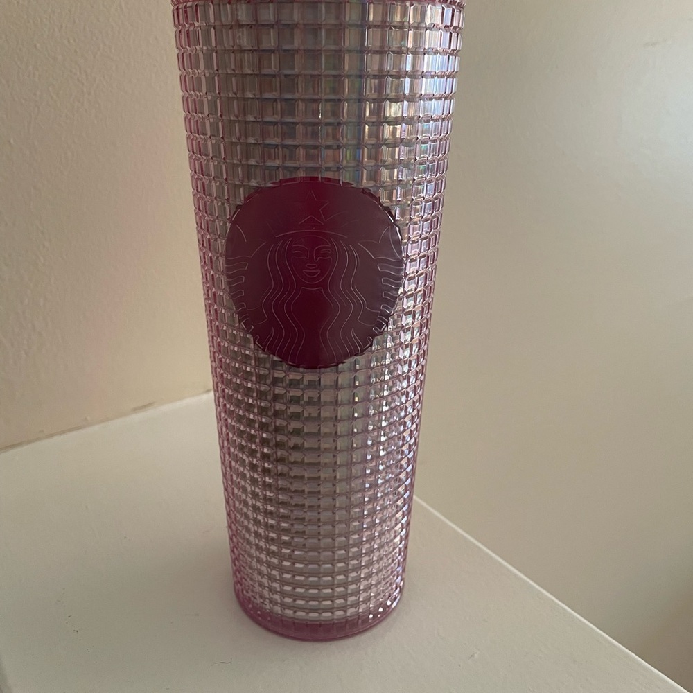 Starbucks Tumbler 2023 Iridescent Pink Silver Bubblegum Grid 24oz Cold Cup